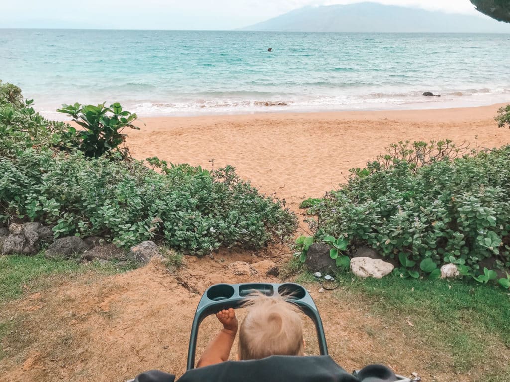Baby in a stroller looking at the ocean in Maui, Hawaii.