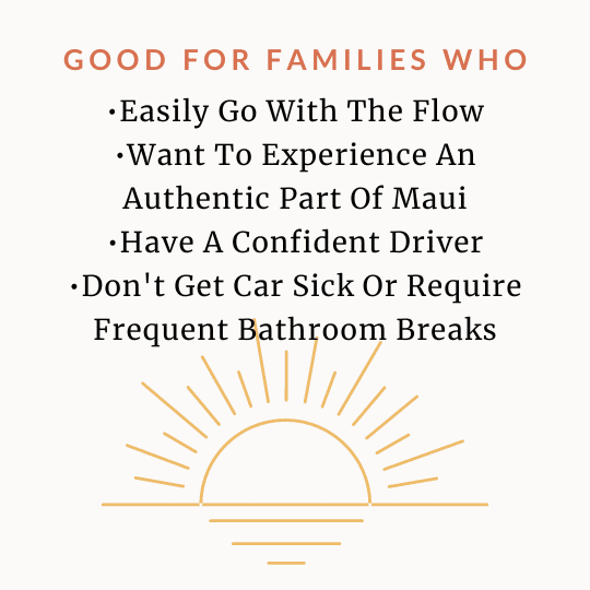 A sunshine graphic that reads "Good for families who easily go with the flow, want to experience an authentic part of Maui, have a confident driver, don't get car sick or require frequent bathroom breaks."