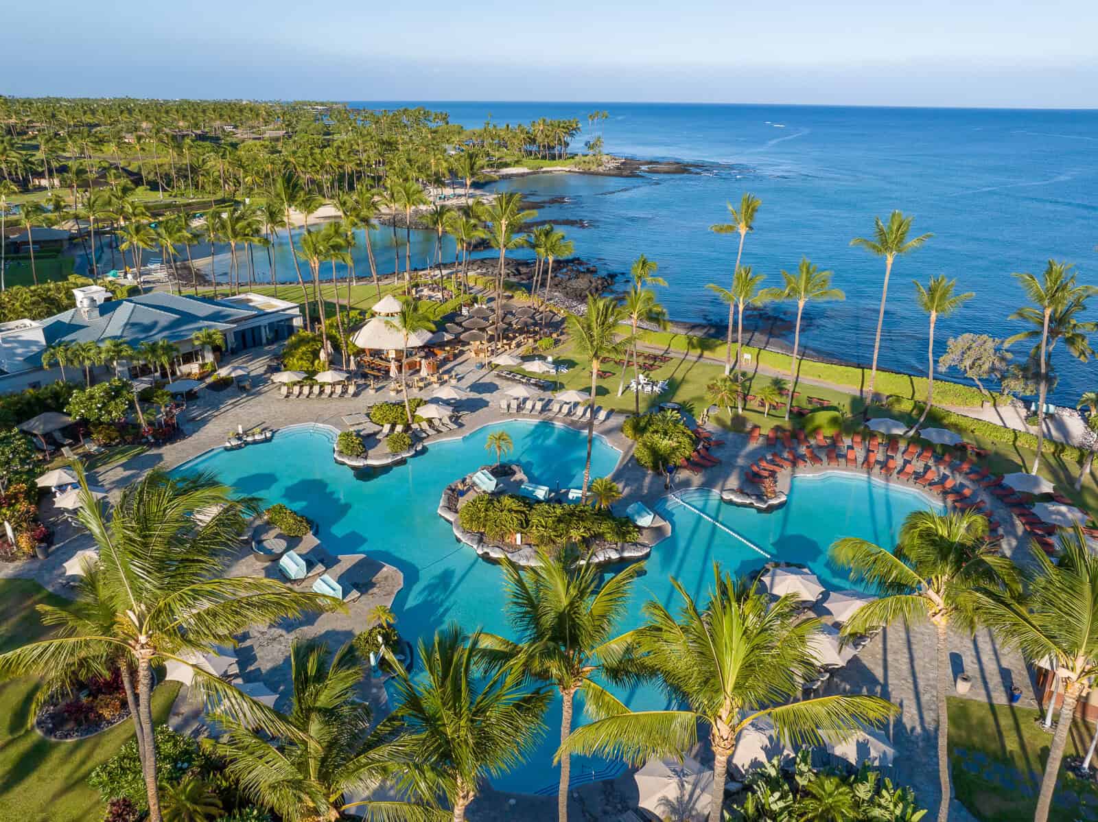 Aerial view of the pool and ocean at Fairmont Orchid on the Kohala Coast Big Island Hawaii

