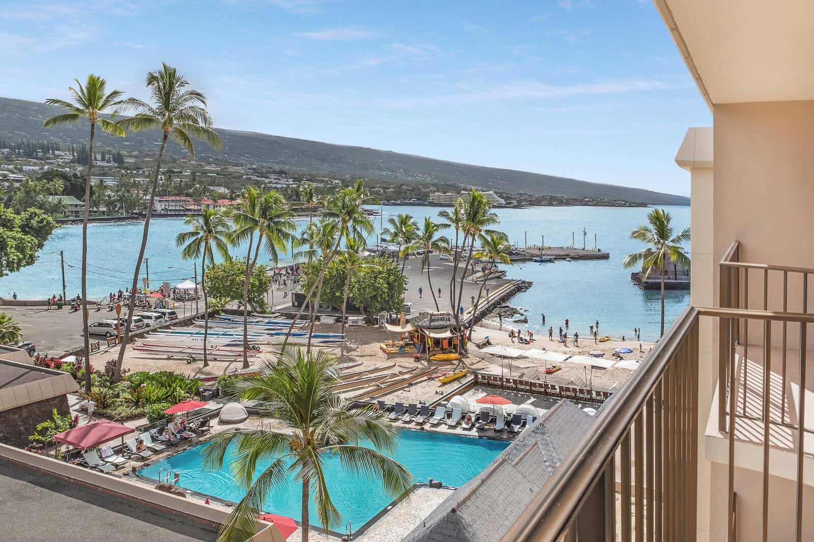 Aerial view of Courtyard King Kamehameha Kona Beach Hotel and Kailua Bay Big Island Hawaii
