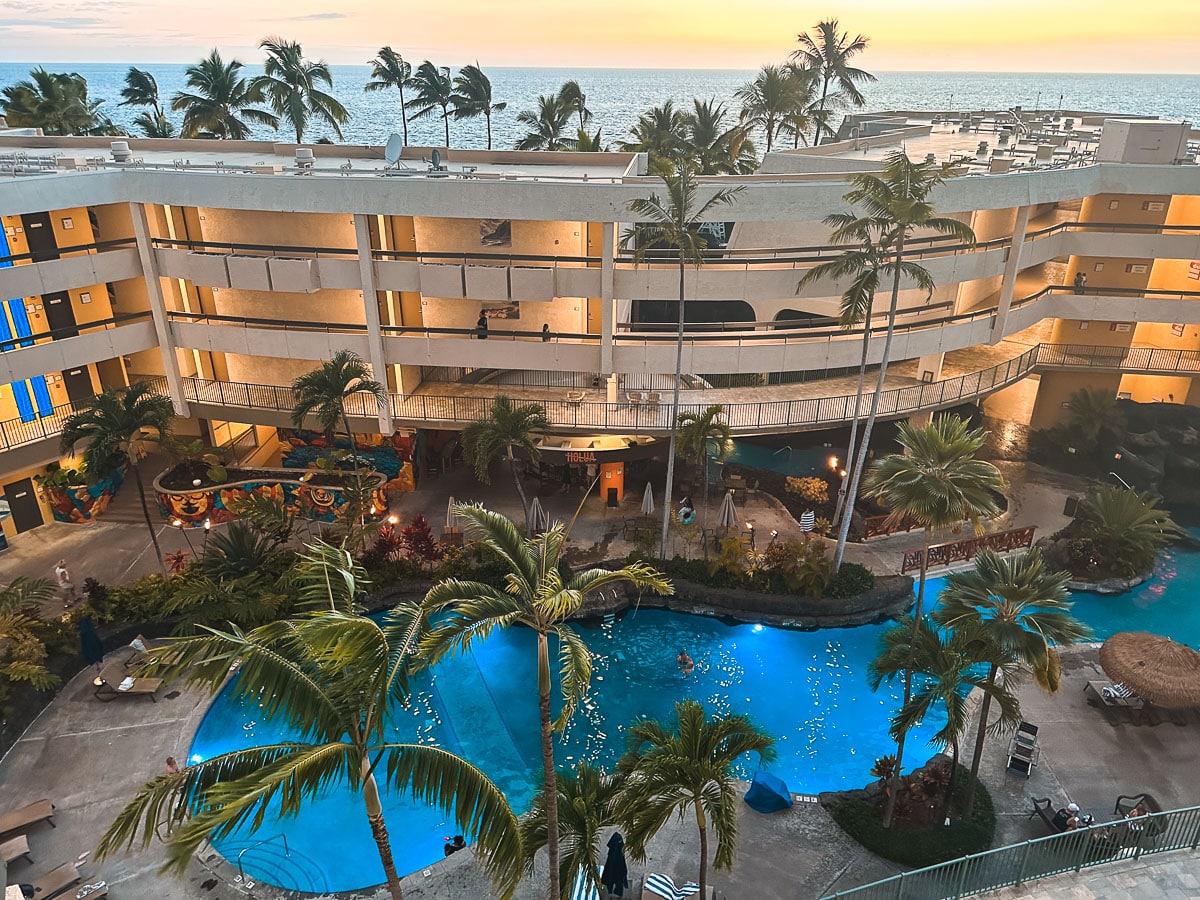 Outrigger Kona Resort and Spa exterior at sunset overlooking Keauhou Bay Big Island Hawaii
