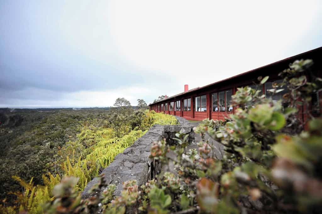 Volcano House hotel on the rim of Kilauea crater inside Hawaii Volcanoes National Park Big Island