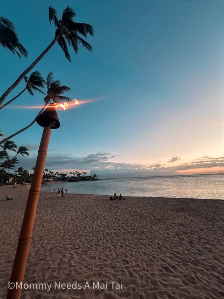A creamy sunset at Napili Bay on Maui with palm trees and a torch lit near the camera.