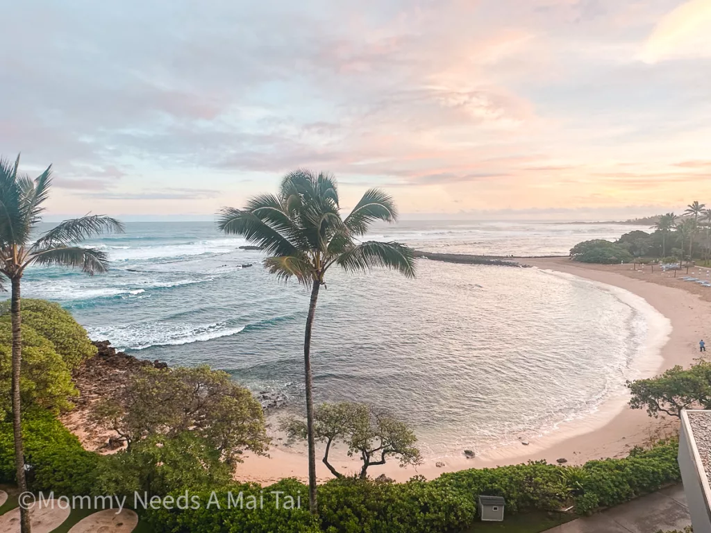 An arial view of Kulilima Cove on the North Shore of Oahu from the balcony of a room at Turtle Bay Resort.