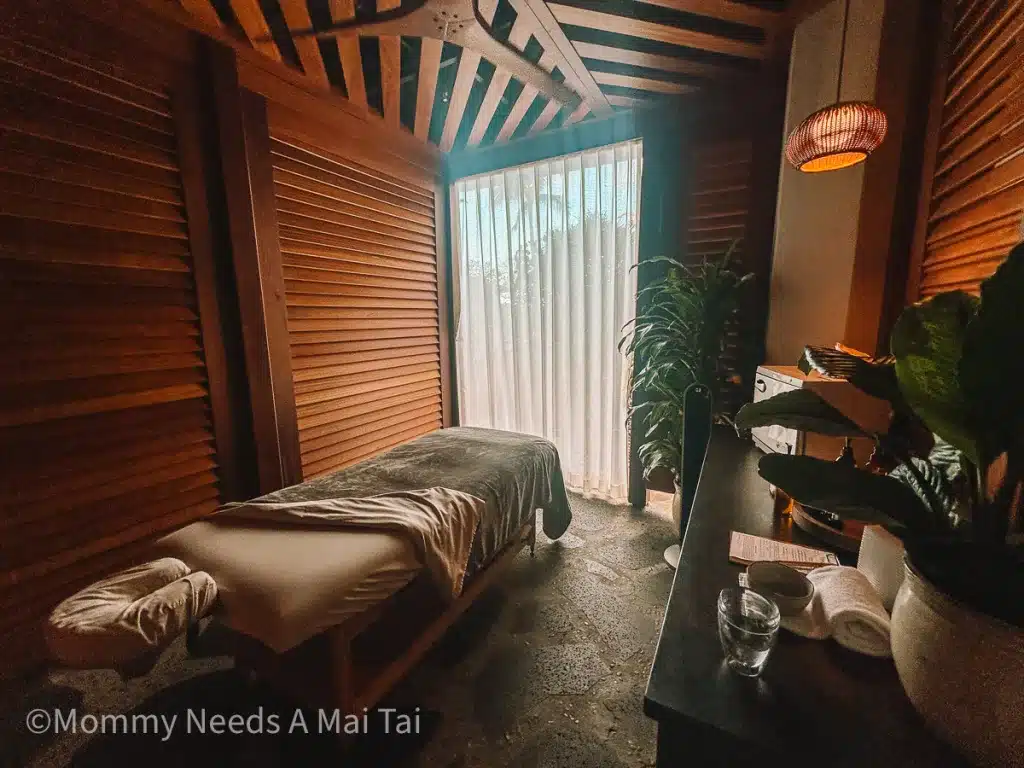 View from the doorway of an outdoor cabana massage room at Turtle Bay Resort, Oahu.