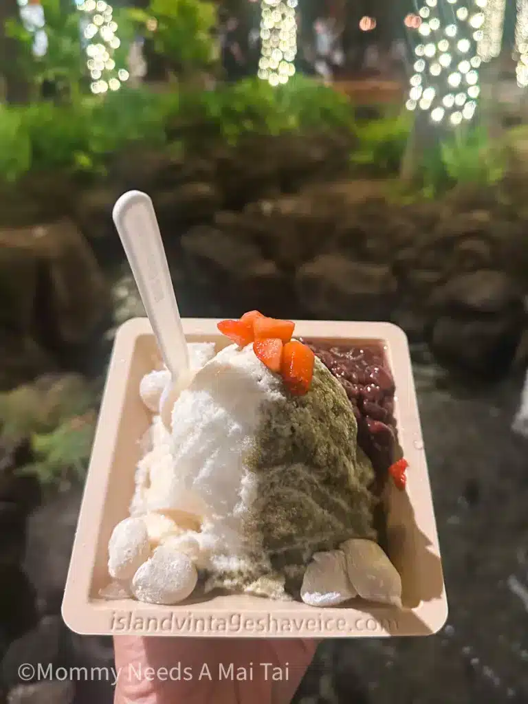 A medium-sized Shave Ice with green tea, lychee mint, mochi, azuki beans, sweetended condensed milk, strawberries, and ice cream, from Island Vintage Shave Ice in Waikiki, Oahu. 