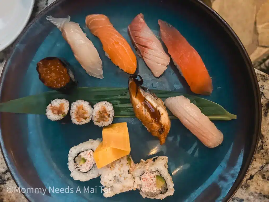 A colorful plate of sushi and fish eggs from Blue Fish Restaurant in Waikiki, Oahu.