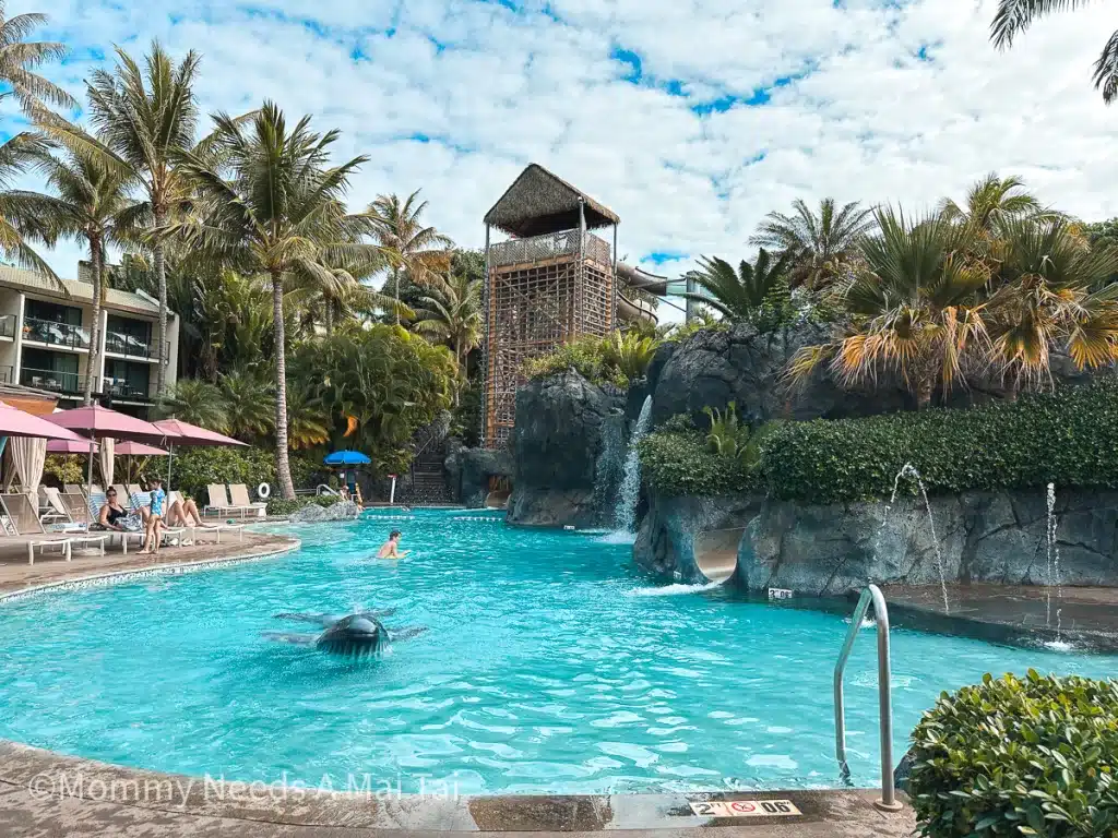 View of the family pool and 325 foot waterslide at the Wailea Beach Resort in Maui, Hawaii. 