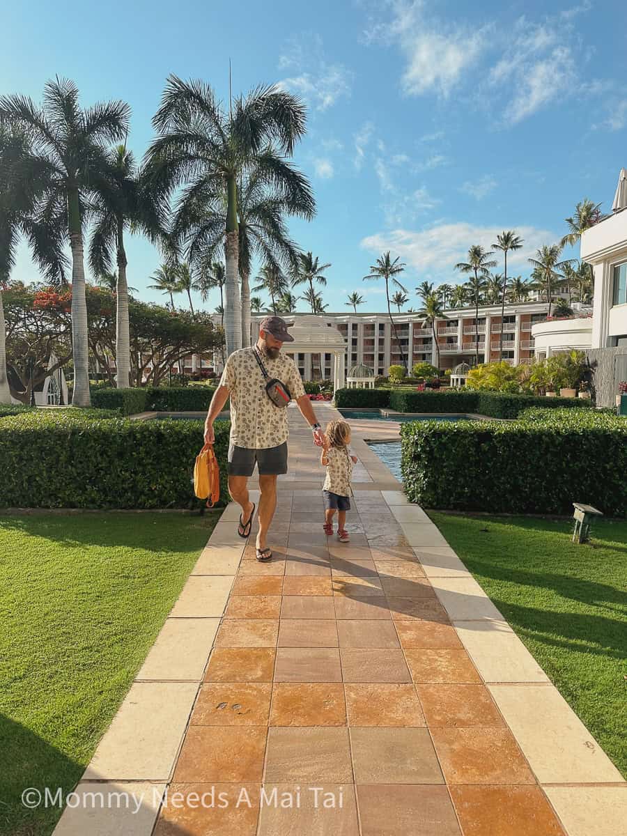 A dad holding hands with a young child while walking through the gardens at the Grand Wailea Resort in Wailea, Maui, with palm trees and the hotel in the background.