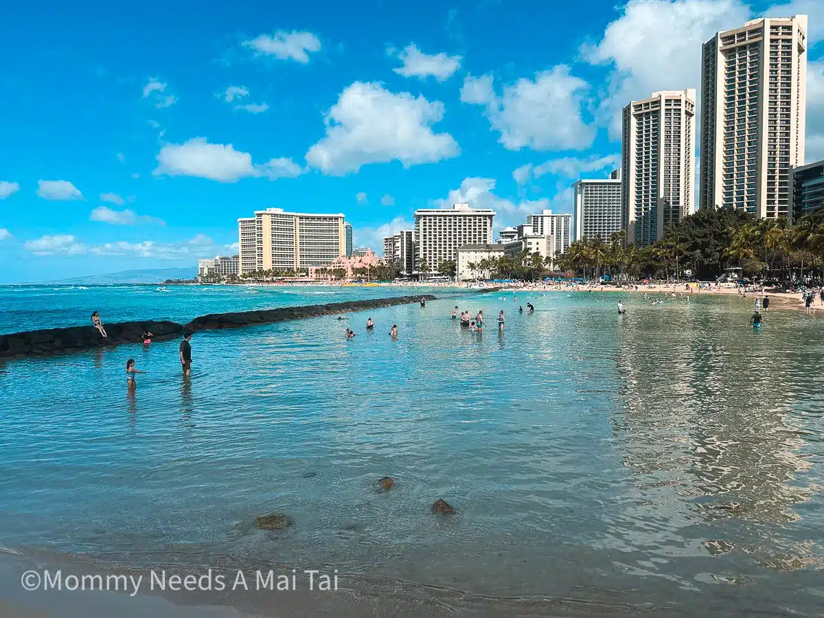 A view of Waikiki Beach from the vantage point of Kuhio Beach on Oahu, Hawaii.