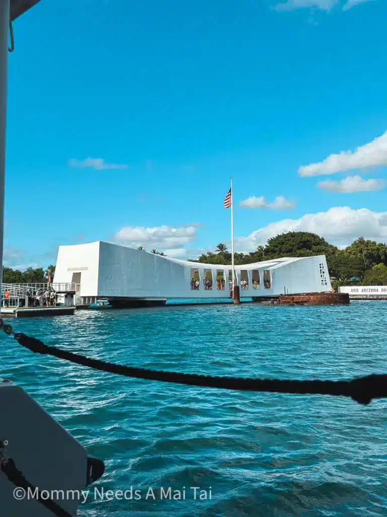 A view from a boat of the USS Arizona Memorial at Pearl Harbor on Oahu.