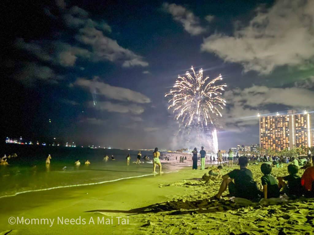 Fireworks on the beach in Waikiki for Friday night fireworks.