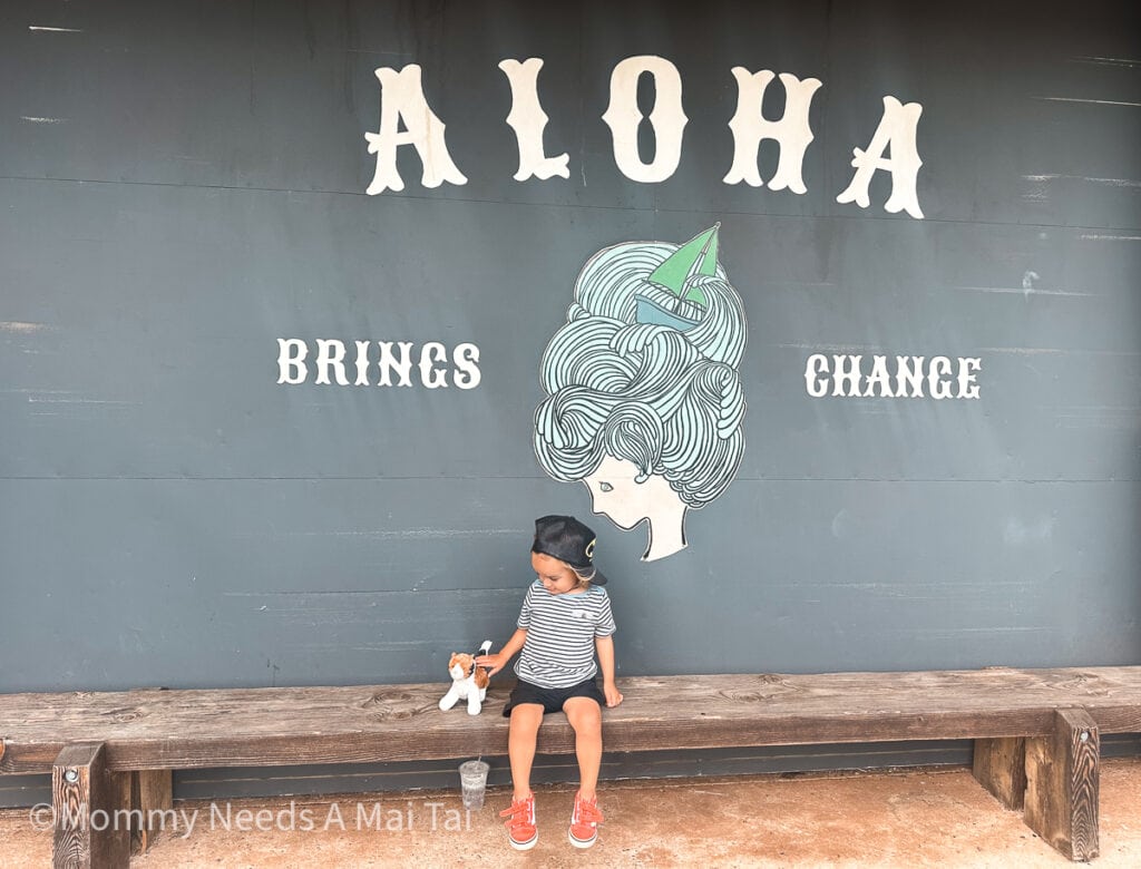 A toddler on a bench petting a stuffed kitty cat with a wall behind him reading "Aloha Brings Change."